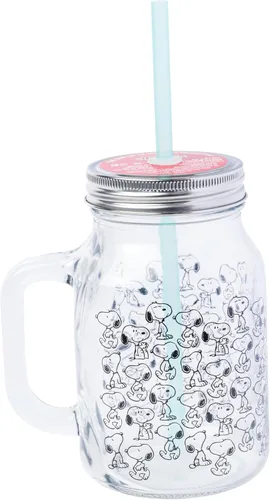 Vista 2 de Silver Buffalo Peanuts Snoopy - Tarro de cristal con tapa y pajita, 21 onzas