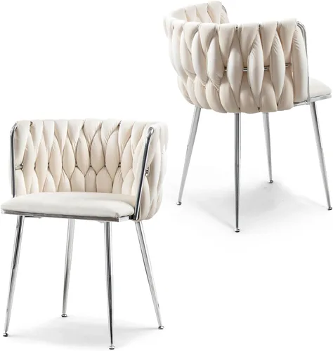 Vista 40 de Juego de 2 sillas de comedor de terciopelo, sillas laterales tapizadas tejidas con patas de metal negro, sillas decorativas modernas, sillas