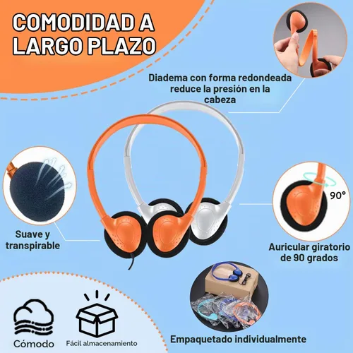 Vista 4 de Paquete de 10 auriculares para niños a granel para el aula escolar, auriculares multicolor con cable para estudiantes, auriculares ajustables