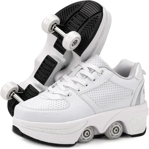 Vista 8 de Zapatillas de Patines de Ruedas para Niñas, Niños, Mujeres, Hombres, Zapatos de Patinaje de Doble Fila, Zapatillas con Ruedas Retráctiles, Patines