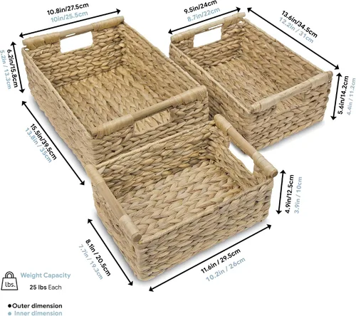 Vista 7 de VATIMA Juego de cestas de mimbre de jacinto de 3 tamaños, rectangular, asas de madera, organizador de estantes, contenedores naturales