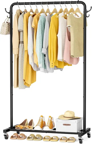 Vista 8 de HOMIDEC Clothes Rail, Metal Clothes Rack with 4 Side Hooks, Bottom Storage Shelf and Wheels, Heavy-Duty Clothing Rail Holds Up to 40kg, Clothes