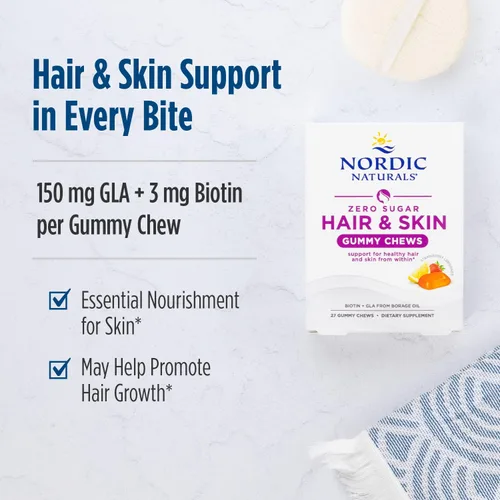 Vista 3 de Nordic Naturals Gomitas masticables para el cabello y la piel sin azúcar, limonada de fresa, 27 gomitas masticables - Biotina + GLA de aceite