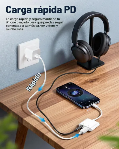 Vista 2 de Apple MFi Certificado - Adaptador 2 en 1 Lightning a conector de auriculares de 3.5mm, cargador rápido y divisor de audio auxiliar dongle
