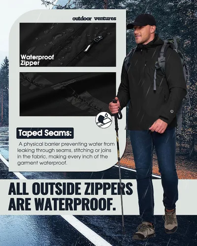 Vista 3 de Outdoor Ventures Chaqueta impermeable plegable con capucha para hombre, ligera, resistente al viento, para ciclismo