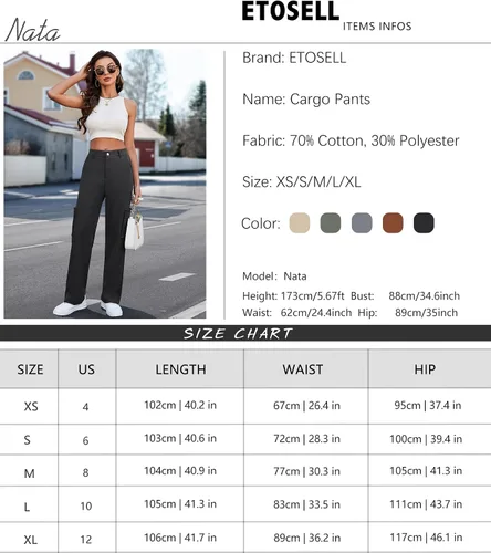 Vista 7 de ETOSELL Pantalones cargo de cintura alta para mujer, pantalones casuales de pierna ancha, elásticos, Y2K Streetwear con 6 bolsillos