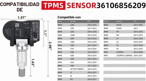 Vista 2 de 4Pack 36106856209 433MHz Sistema de monitoreo de presión de neumáticos (TPMS) Sensor compatible con MINI Cooper BMW I3 I8 X1 X2 X5 X6 M2 M235I M240I