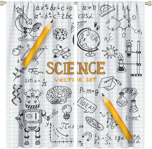 Vista 79 de Cortinas opacas para ventanas de ciencia para niños, lupa de libro de laboratorio de ciencia, lupa, frascos moleculares, cortinas impresas