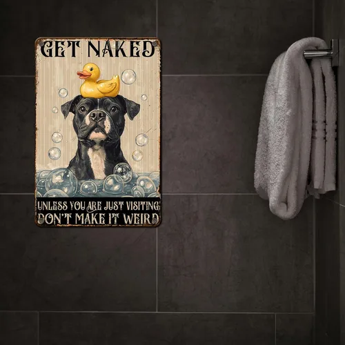 Vista 6 de PEACHGARDEN Cartel de Metal Gracioso para Baño Pitbull Letrero de "Póngase Desnudo" Arte de Perro para Pared Decoración de Baño Letrero para Inodoro