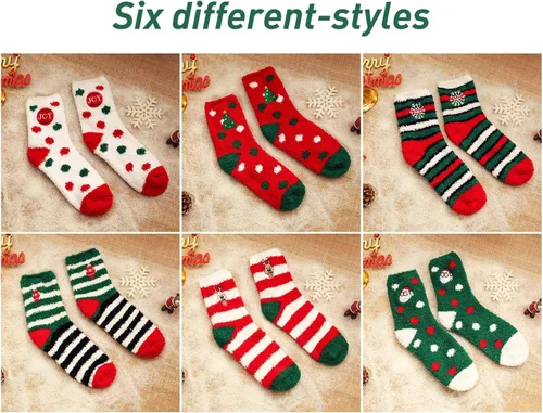 Vista 6 de Calcetines peludos de Navidad, 6 pares de calcetines lindos de forro polar coral, cálidos y acogedores, calcetines de vacaciones para mujeres