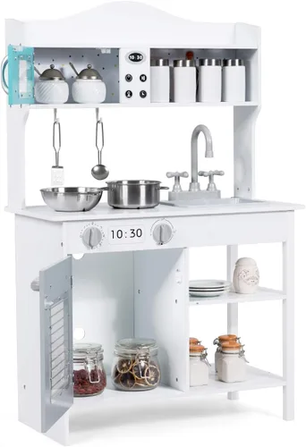 Vista 9 de Costzon Juego de cocina para niños, cocina de madera con fregadero, horno, microondas, estufa, ollas, utensilios, juego de cocina con estante
