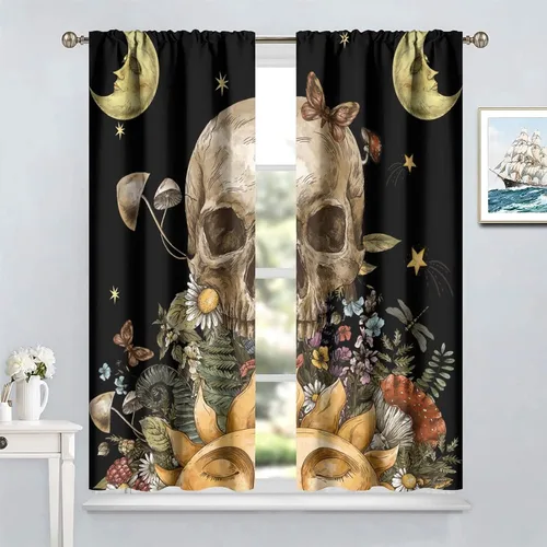 Vista 96 de Cortinas góticas de bosque de cuervos, para Halloween, espeluznante, negro, cuervo negro, alas oscuras, suspenso, bolsillo para barra, cortinas
