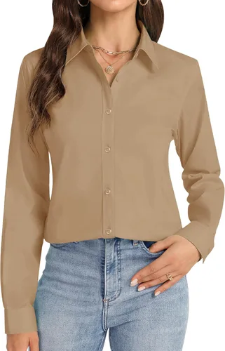 Vista 22 de Camisas con botones J.VER para mujer con cuello elástico y manga larga de algodón, camisa de vestir casual de negocios para el trabajo