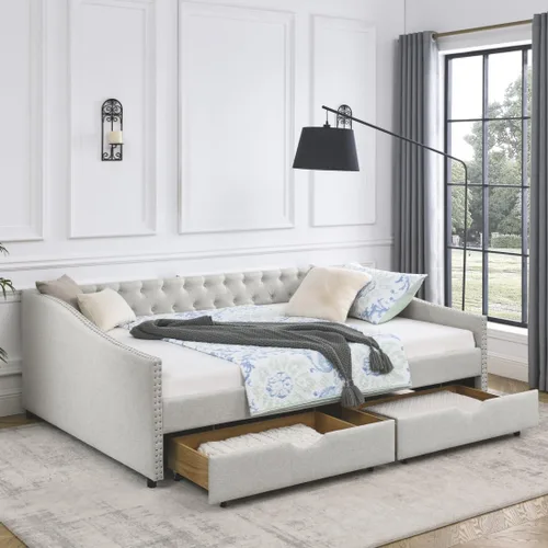 Vista 14 de Sofá cama tapizado de tamaño matrimonial con 2 cajones de almacenamiento, sofá cama con botones y brazos para uñas, color beige Completamente beige
