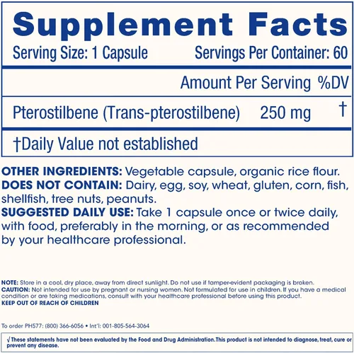 Vista 6 de Suplemento de pterostilbeno (250 mg, 60 cápsulas) Antioxidante clínicamente probado por terceros para la salud cardíaca y cerebral Activa genes