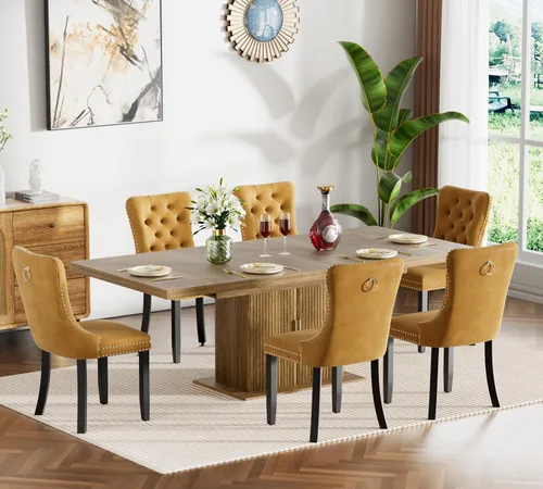 Vista 63 de Juego de mesa de comedor extensible de 5 piezas, juego de mesa de comedor extensible de estilo granja para 4, mesa de cocina expandible de madera
