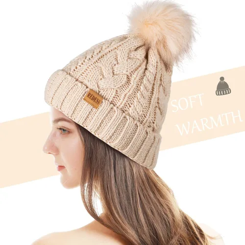 Vista 3 de REDESS Women Winter Pompom Beanie Hat with Warm Fleece Lined Thick Slouchy Snow Knit Hat Skull Ski Cap Beige