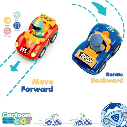Vista 5 de Haktoys Carros de policía y carreras de dibujos animados a control remoto: juguetes RC para niños pequeños niños y niñas - Juego de 2 vehículos