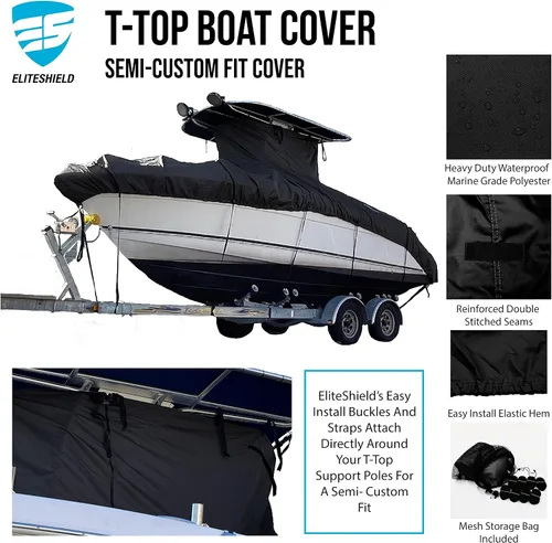 Vista 2 de EliteShield Cubierta Resistente para Barco con T-Top, Se Adapta a Barco de Consola Central de 18 pies a 20 pies de Largo con T-Top Hard-Top