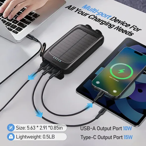 Vista 3 de Banco de energía solar de 20000 mAh, cargador portátil negro con salidas USB-C y USB-A, batería de reserva de emergencia, linterna LED, para iPhone