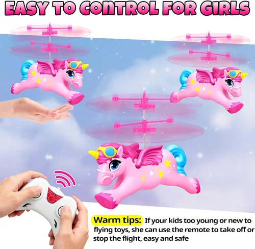 Vista 4 de Hymaz - Juguetes de unicornio volador, helicóptero de control remoto para niños de 6 a 8 años, fácil de volar hacia adelante y girar