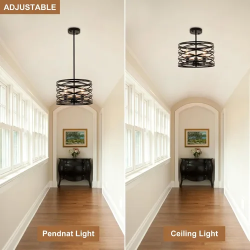 Vista 5 de Candelabros de granja para comedor, iluminación colgante de 3 luces para isla de cocina, tambor negro, lámpara rústica para colgar en el techo
