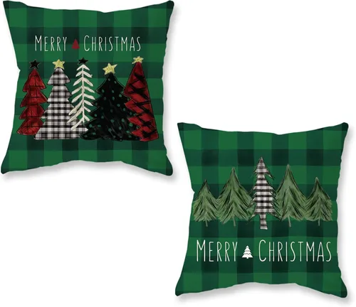 Vista 11 de ONWAY Juego de 2 fundas de almohada de Navidad de 16 x 16 pulgadas, fundas de almohada de Navidad de búfalo rojo a cuadros, color negro y verde Beige