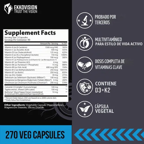 Vista 2 de Ekkovision Multivitamínico, a base de plantas, 90 porciones, 270 cápsulas vegetales