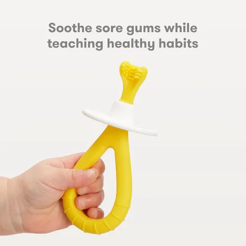 Vista 2 de Frida Baby Cepillo de dientes de entrenamiento para bebés con cerdas de silicona suave, amarillo