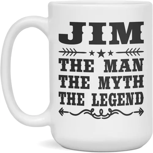 Vista 3 de Taza de café personalizada de Jim The Man The Myth The Legend, 11 onzas, color blanco