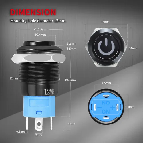 Vista 2 de DaierTek - Interruptor de botón de encendido y apagado, 0.472 in CC, 4 pines, 12 V, impermeable, interruptor de metal con arnés de cableado y luz