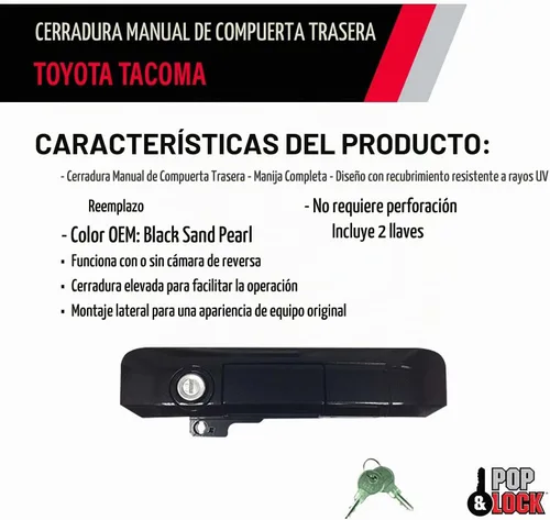 Vista 3 de Pop & Lock Cerradura manual de puerta trasera para Toyota Tacoma, Negro Arena Perla