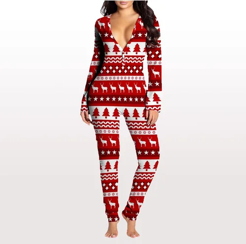 Vista 6 de Pijama de Navidad para mujer overol con botones overol sexy de manga larga para otoño e invierno