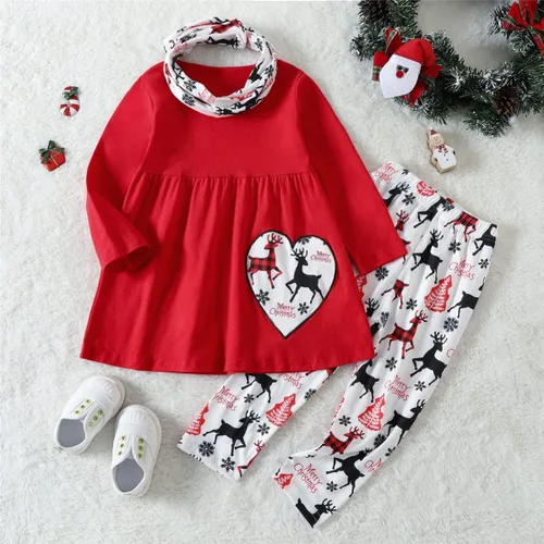 Vista 2 de Conjunto de ropa de Navidad de manga larga con vuelo y bufanda para niña pequeña, conjunto de ropa de Navidad