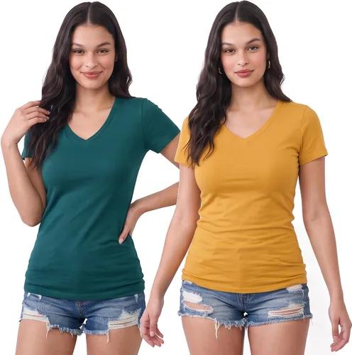 Vista 173 de Emmalise Camiseta de manga corta para mujer, cuello en V, tallas junior y plus