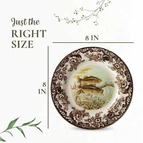 Vista 7 de Spode Woodland Bass Plato de Ensalada - 8" Loza Fina, Hecho en Inglaterra, Diseño de Pez de Caza con Borde de Flores Británicas para Ensaladas