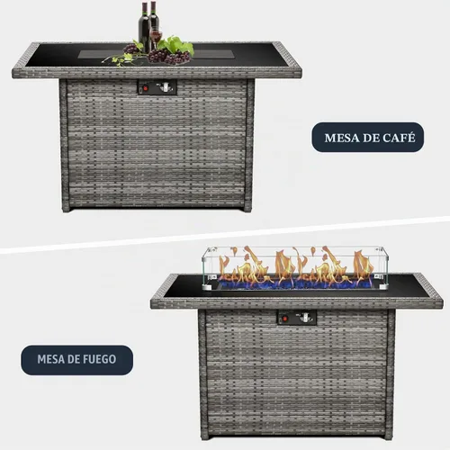 Vista 6 de Mesa para fogón de gas propano de 44 pulgadas para patio exterior, fogón rectangular al aire libre de mimbre de ratán de 60000 BTU con protector