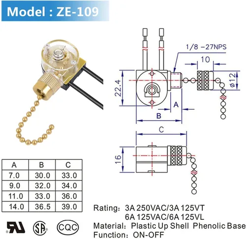 Vista 6 de Interruptor de luz de ventilador de techo ZE-109, interruptor de cadena de encendido y apagado compatible con la mayoría de las luces de ventilador