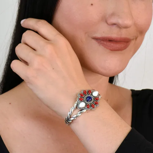 Vista 2 de American West - Pulsera de coral rojo, ágata blanca y lapislázuli azul, talla S, M o L
