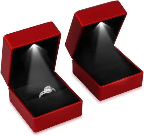 Vista 2 de iSuperb 2 cajas de anillo LED iluminadas para propuestas, compromisos, bodas, regalos (2 unidades, rojo)