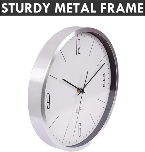 Vista 3 de Reloj de pared de metal de 12 pulgadas, silencioso, sin tictac, decorativo, moderno, analógico, de cuarzo, funciona con pilas, para dormitorio, sala