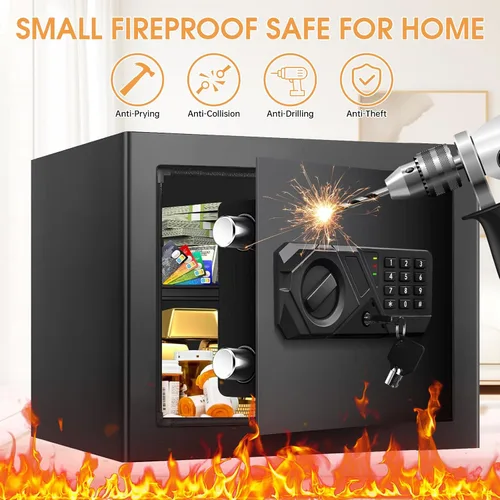 Vista 2 de Caja fuerte pequeña de 1.2 pies cúbicos ignífuga e impermeable para uso doméstico, caja de seguridad digital para el hogar con teclado programable