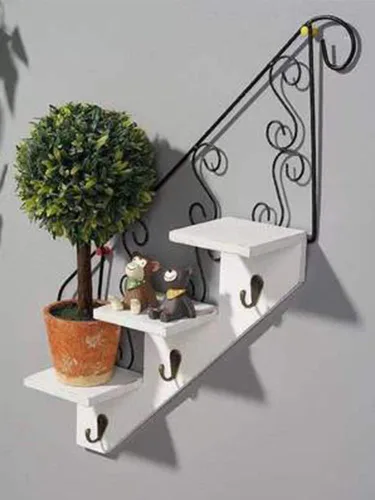 Vista 2 de TITA-DONG Estantes flotantes decorativos montados en la pared de 3 niveles, estantes de pared de madera en forma de escalera, estante colgante
