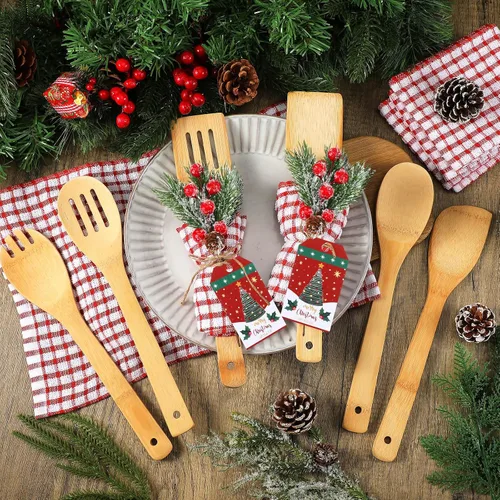 Vista 3 de Funnymoom Juego de 24 utensilios de cocina de Navidad, espátulas de bambú, cucharas de bambú con palillos artificiales, toalla de gofre, etiqueta