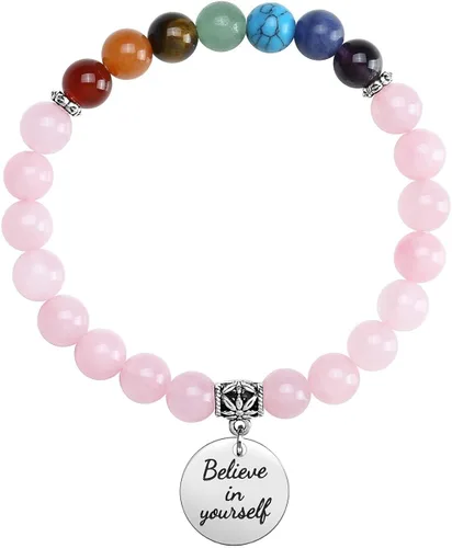 Vista 5 de Jovivi - Pulsera de 7 chakras con piedras preciosas naturales, cuentas de yoga, cristales curativos reiki, cuentas elásticas con abalorio inspirador