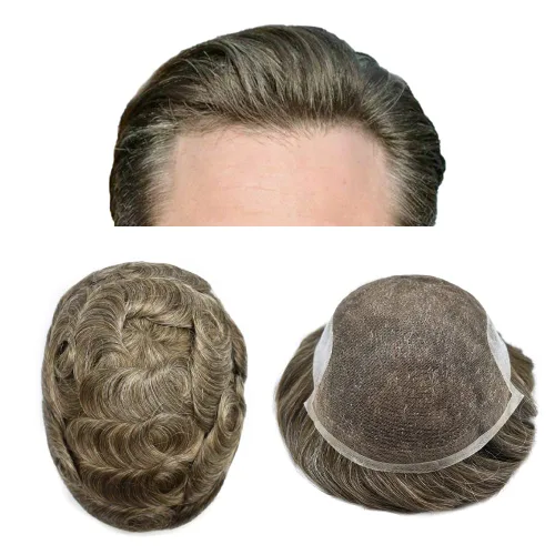 Vista 54 de Tupé para hombre con encaje suizo para hombre, sistema de reemplazo de cabello humano real, extensiones de nudo blanqueado para prótesis de cabello