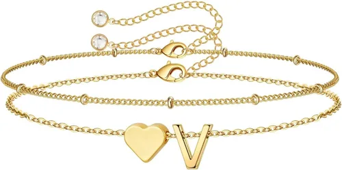 Vista 41 de M MOOHAM Pulseras de oro con inicial de corazón para mujer, pulseras con dije de letra A-Z de corazón dorado en capas para mujer, pulseras