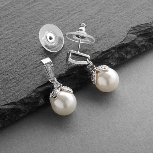 Vista 4 de Mariell Juego de collar y aretes de perlas con cristales de circonita cúbica para novia, dama de honor, regalo de cumpleaños