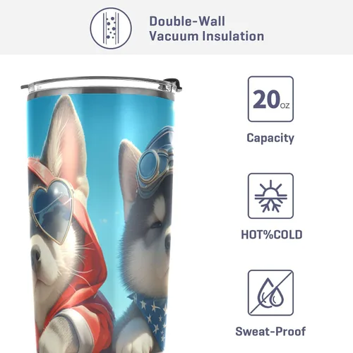 Vista 4 de Tazas de acero inoxidable con diseño de perros lindos de dibujos animados para hombres con tapa y pajita, taza de viaje de café de 20 onzas