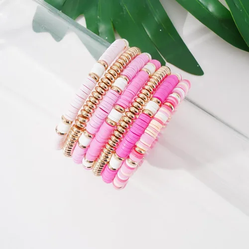 Vista 2 de Surfer Heishi - Juego de pulseras elásticas para mujer, apilables, de arcilla dorada, con cuentas de Ploymer, para verano, playa, en capas, pulseras